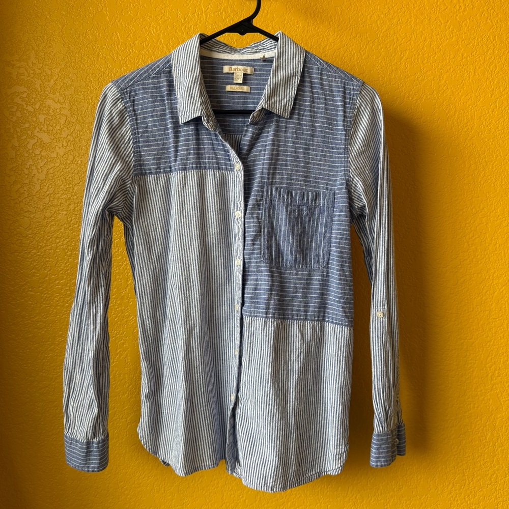 Barbour Blue Striped 70% cotton 30% linen long sleeve relaxed fit button shirt